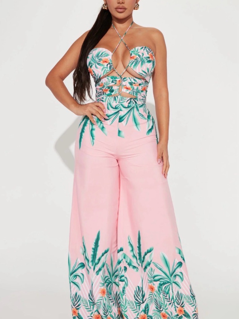 Fashion Nova Pink Tropical Print Strapless Wide-Leg Jumpsuit